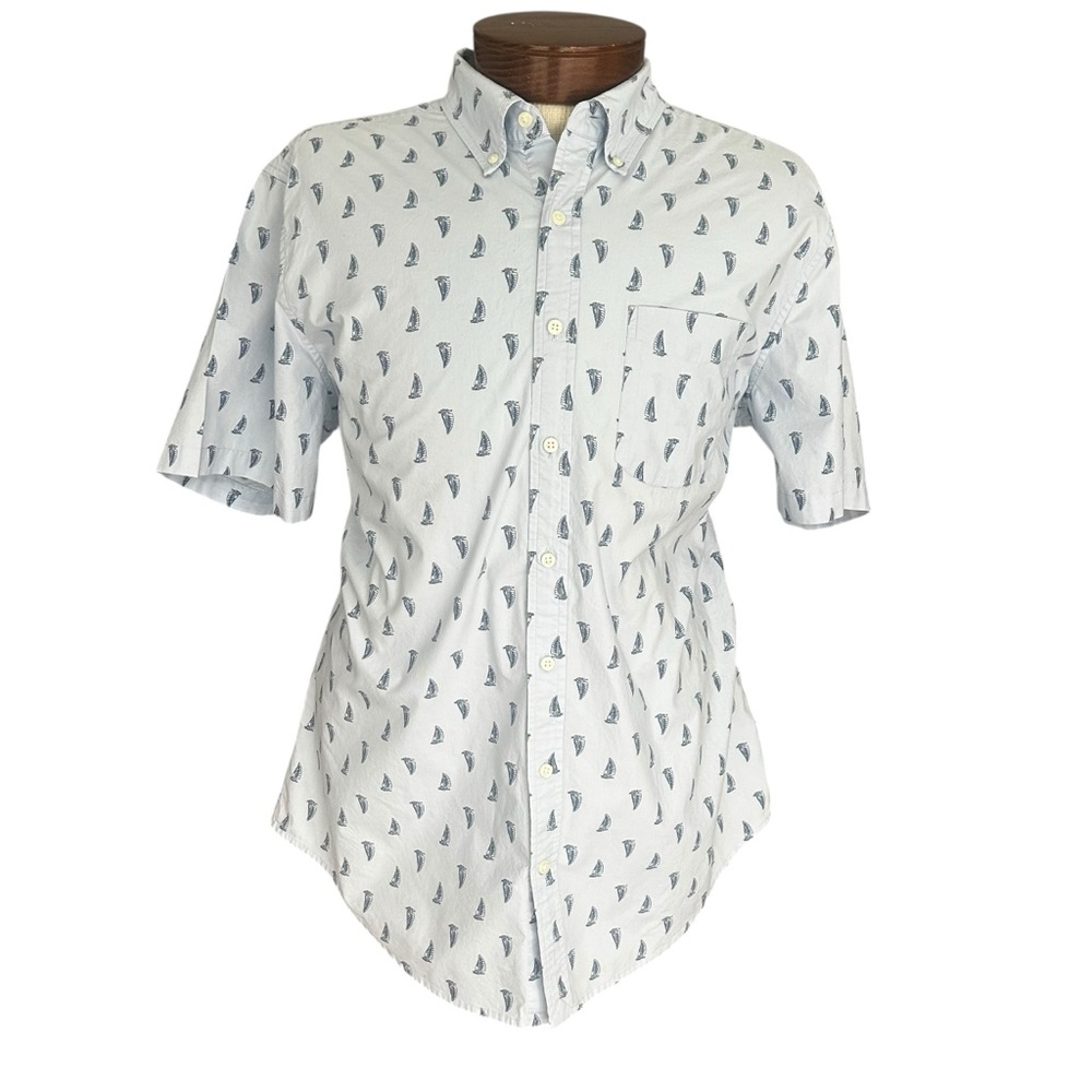 Lands’ End Sailboat Print Button Down Shirt XXL Tall Blue Cotton Nautical